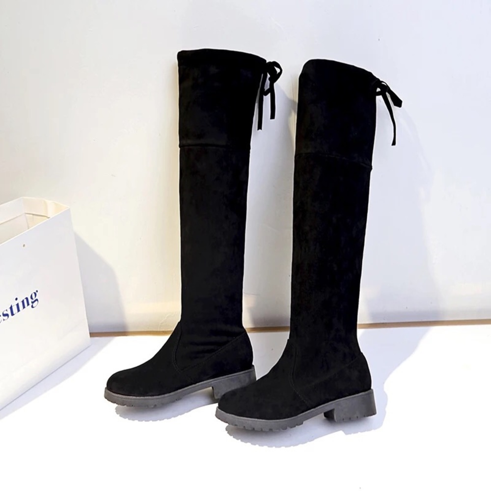 🛑AT COST! Vegan Suede Black Flat Knee Velvet Boots Slip On lined Boots - Picture 4 of 9